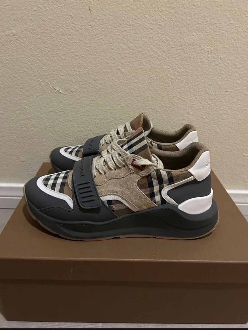 Burberry Beige, Black & White Check Runner Sneakers - Picture 3 of 6
